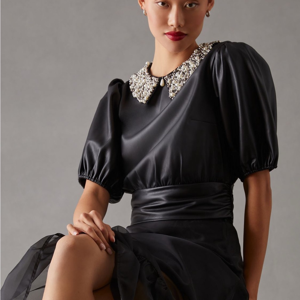 Anthropologie Maeve Faux Leather Puff-Sleeve Blouse - Small